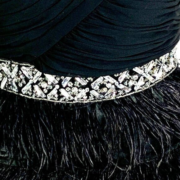 One-Shoulder Pleated Black Tie Feather Cocktail Dress Rhinestone Waist 8 Prom - Picture 4 of 12